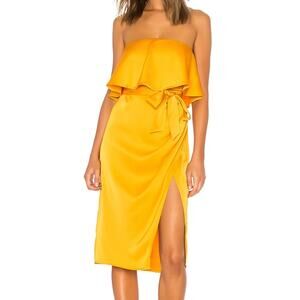 Lovers + Friends Violet Orange Satin Side Slit Formal Strapless Midi Prom Dress